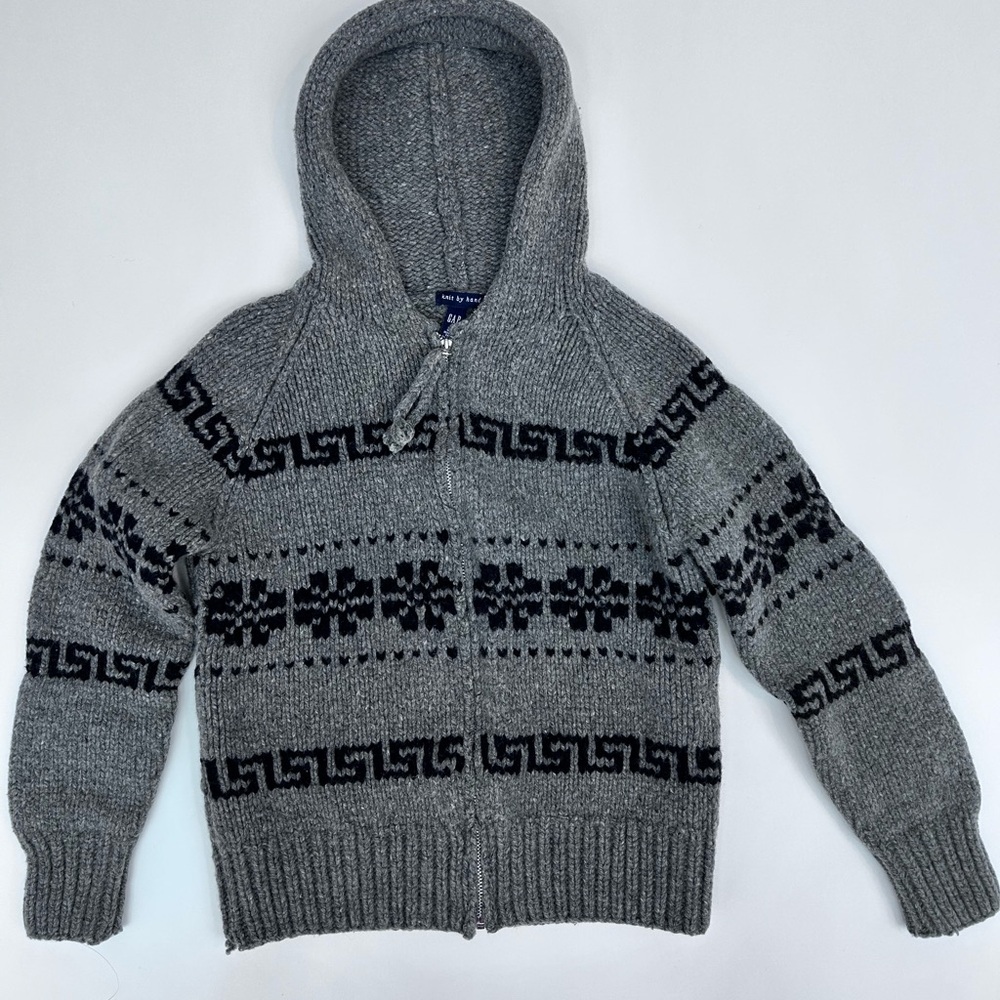 GAP VNT  M  100% Wool Full Zip Hooded Sweater Y2K Knit By Hand Gray Cowichan